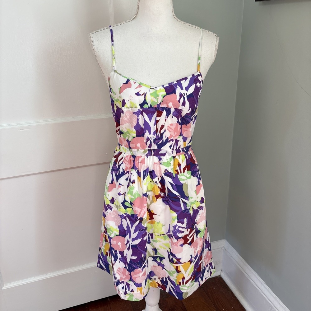 NWT J. Crew Seaside Cami Dress Size 2 White Purple Abstract Floral Casual